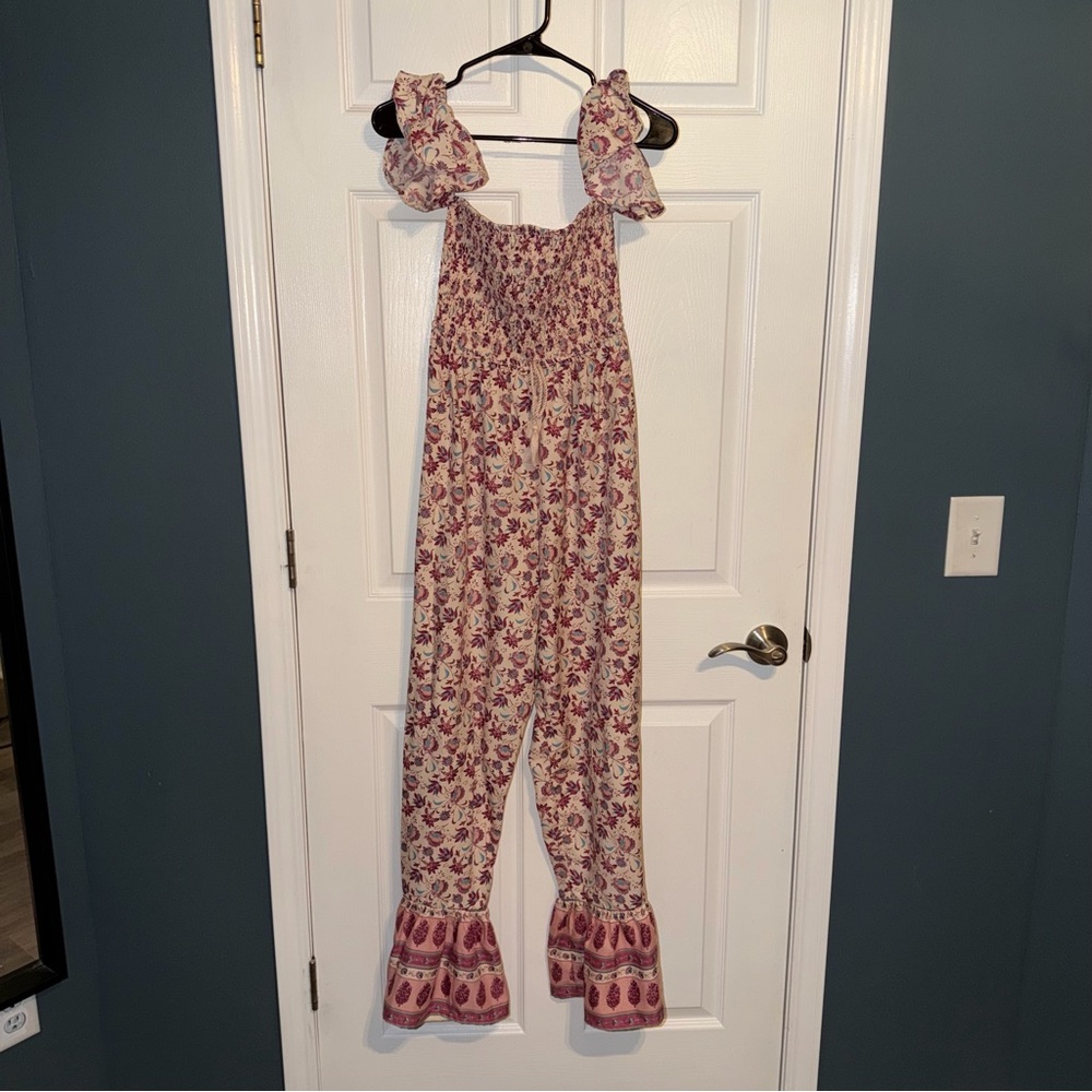 Floral Smocked Jumpsuit with Ruffle Straps - Pink/Cream
